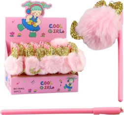 Gelpenn med lyserød pompon, blå blæk, 17 cm, 0,5 mm