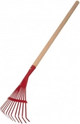 Børnerive med plan tænder og træskaft 80 cm – Rød