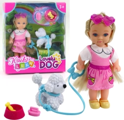 Mini-dukke med hund i snor og skål med ben