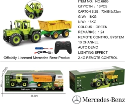 Fjernstyret grøn Mercedes-Benz-traktor med gul anhænger 1:24
