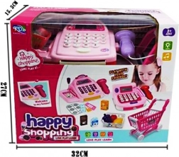 Kasseapparat med supermarkedsvogn og indkøb