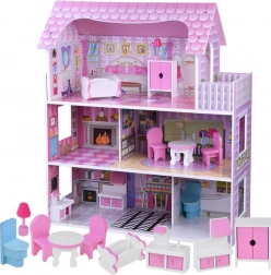 Pink trædukkehus med møbler og LED-belysning