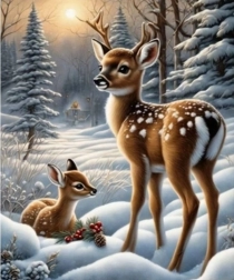 Diamantmaling: rådyrkalve i snedækket skov 30 × 40 cm