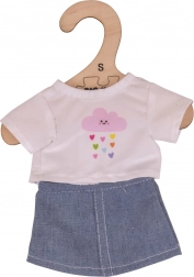 Bigjigs Toys hvid T-shirt med denimnederdel til dukke 28 cm