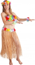 Hawaiisk nederdel til voksne 72 cm i naturfarve med blomsterkant