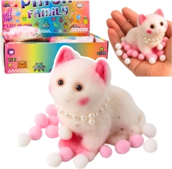 Antistress-klembar kat med perler og pomponer 8 cm – hvid