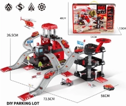 Parkeringsanlæg med 6 metalbiler og helikopter