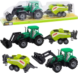 Grøn traktor med frontlæsser og høpresser – plastisk farmsæt til børn