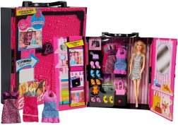 moderne garderobeskab til dukker – pink kuffert med tilbehørssæt