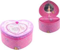 Musikalsk smykkeskrin formet som et hjerte med ballerina