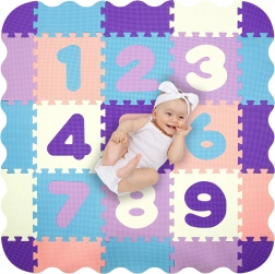 Humbi skummåtte 3-i-1 med legehave og tal, 120 × 120 cm, pastel
