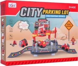 Brandstation-garage med blødt lille bil – to-etagers parkeringshus til børn