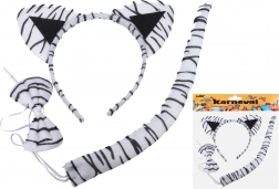 Karnevalssæt – hvid tiger (hårbøjle, hale og butterfly)