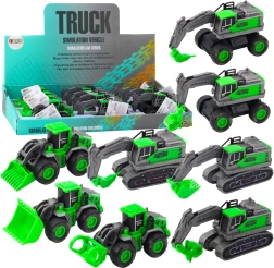 Byggekøretøj med optræks-/friktionsdrev – mini gravemaskine, læssemaskine eller bulldozer, grøn