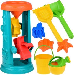 Stor sæt af strandsandlegetøj med spand, rive og vandhjul