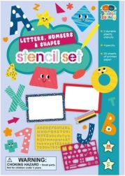 Skabeloner til bogstaver, tal og former med sæt farveblyanter