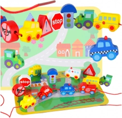 Træperler til snøring – køretøjer og trafikskilte med legeunderlag