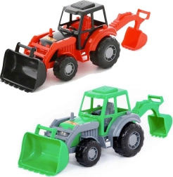 Plasttraktor med frontlæsser og bagmonteret gravemaskine