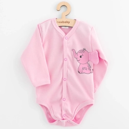 Babybody med gennemgående knaplukning og lange ærmer NEW BABY Happy Elephant, lyserød