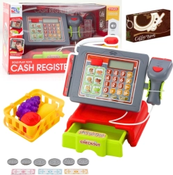 Legetøjskasseapparat med tilbehør, kurv og frugt – lys og lyde, rød
