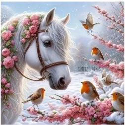 Diamantmosaik - Hest om vinteren med rødhals
