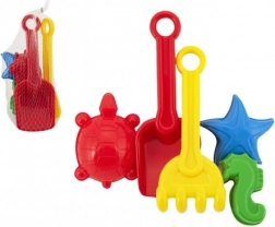 Plastiksæt til sand med skovl, rive og forme i net