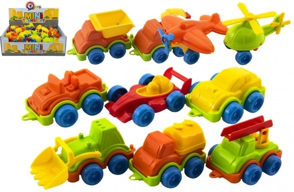 Mini-transportmidler i plast 10–12 cm, friløb, mix af typer (æske 42 stk)