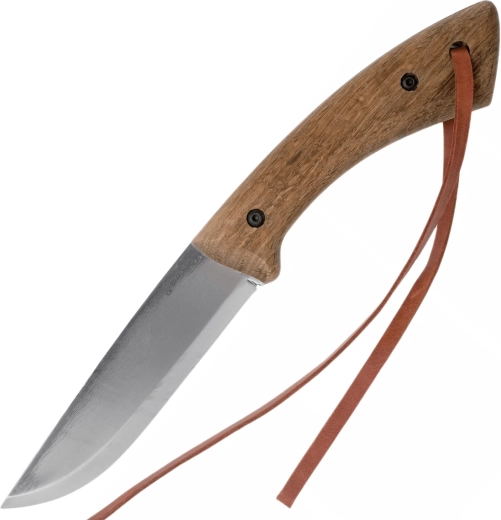 Bushcraft-kniv af kulstofstål med håndtag af imprægneret valnøddetræ og læderskede