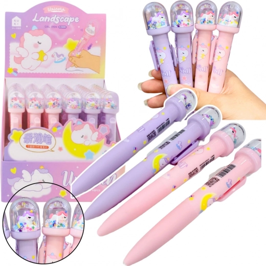 Kuglepen med glitrende kuppel og enhjørningefigur med blå blæk