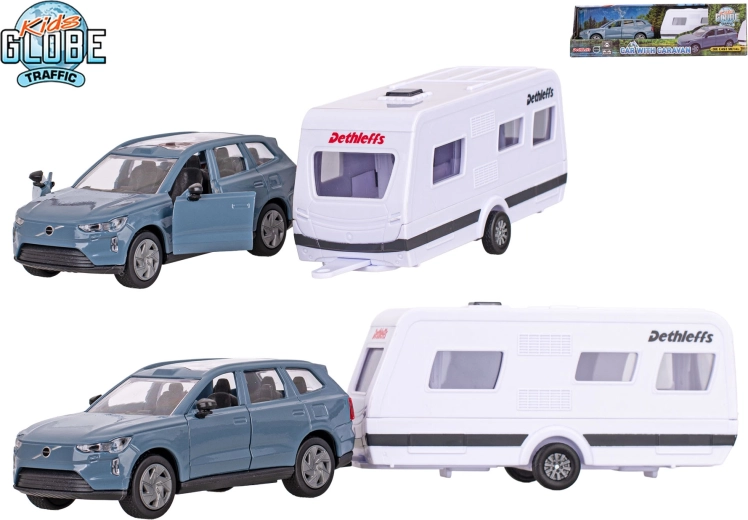 Kids Globe Traffic Volvo EX90 med Dethleffs campingvogn – metalmodel med pull-back drivning