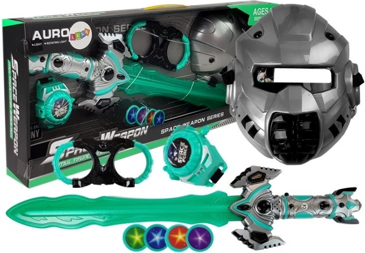 Kosmisk legetøjssæt med lyssværd, maske og diskskyder