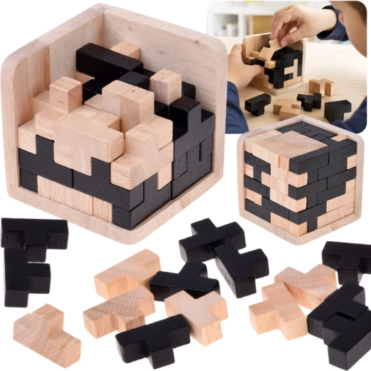 Træ 3D logisk Tetris-kube i sort/natur