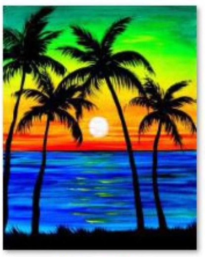 Diamantbroderi (diamond painting) palmer – solnedgang 30 × 40 cm