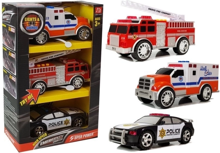 Sæt redningskøretøjer med lys og lyde – politi, brandbil og ambulance