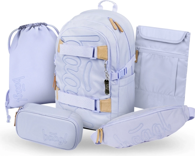 Baagl sæt 5 Skate Lilac: skoletaske, penalhus, gymnastikpose, bæltetaske og laptop-cover
