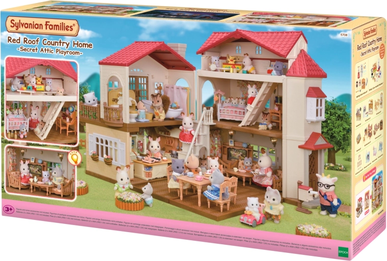 Sylvanian Families etagehus med rødt tag og lys