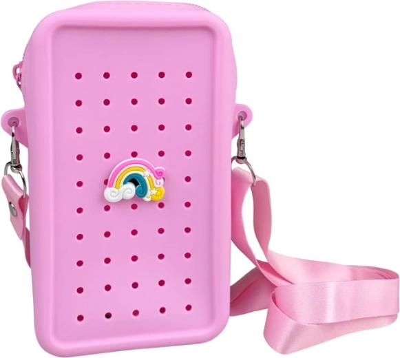 Gifty silikone crossbody-taske i rosa med dekorativ pin