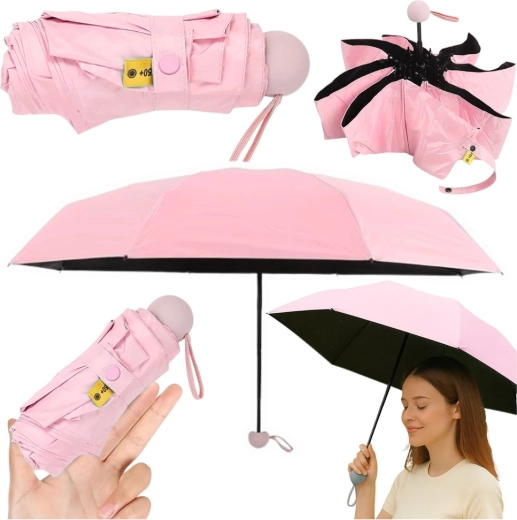 Sammenklappelig lommeparaply med UV-beskyttelse UPF 50+, rosa, 90 cm