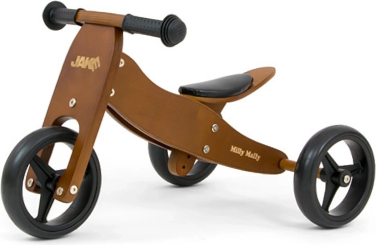 Milly Mally Jake 2-i-1 løbecykel i træ og trehjulet cykel Dark Natural