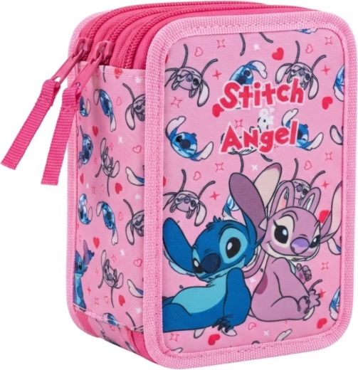Tredelt, komplet udstyret penalhus til skole med Lilo & Stitch, Stitch og Angel, lyserødt