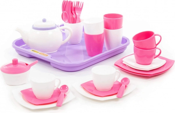 Rosa-hvid tesæt med bakke - 35 dele