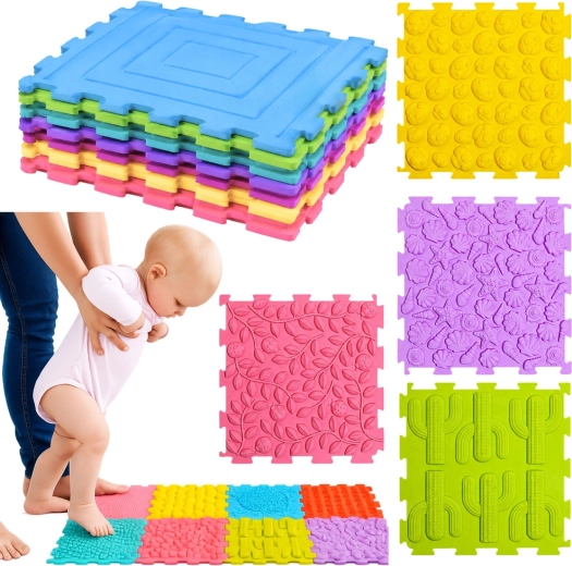 Sensoriske silikonepuslespil – massage- og sansemåtte 12 stk. (25 × 25 cm)
