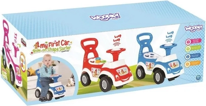 Woopie ride-on bil 4-i-1 med former-sorter, skubber og horn med opbevaring