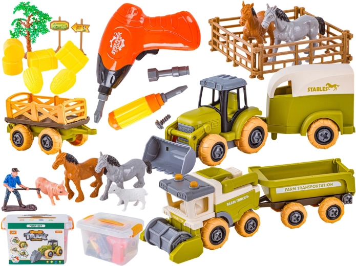Saml-selv mini-farm – traktor og mejetærsker med skruetrækker og dyr