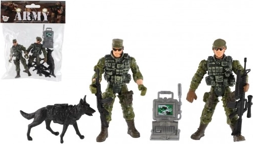 Sæt af militærfigurer med hund og tilbehør