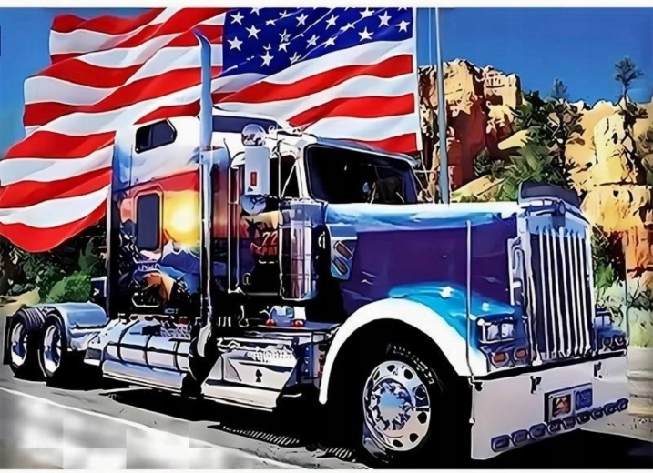 Diamantmaling Amerikansk bil med flag 30 × 40 cm