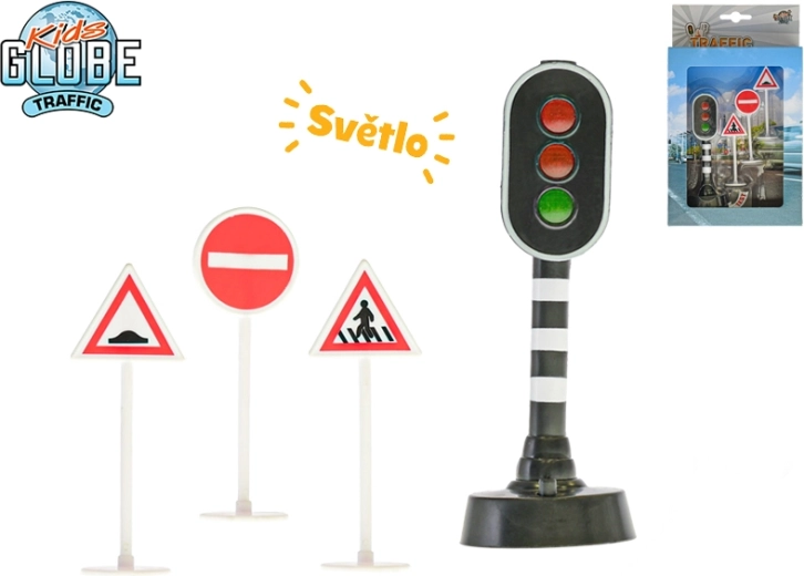 Batteridrevet trafiklys med lys 13 cm + 3 trafikskilte KIDS GLOBE TRAFFIC