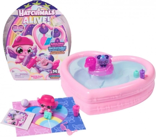 Hatchimals neon-regnbue poolparty – hjerteformet bassin og 2 æg