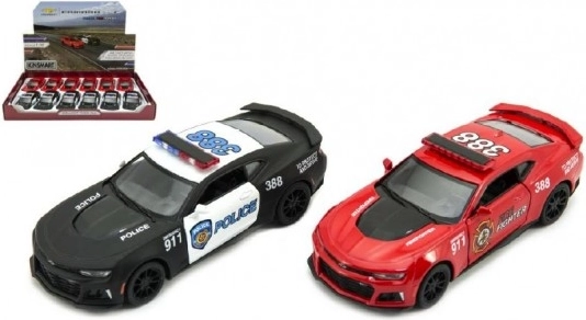 Kinsmart Chevrolet Camaro – politibil og brandbil med friktionsmotor, 12 cm