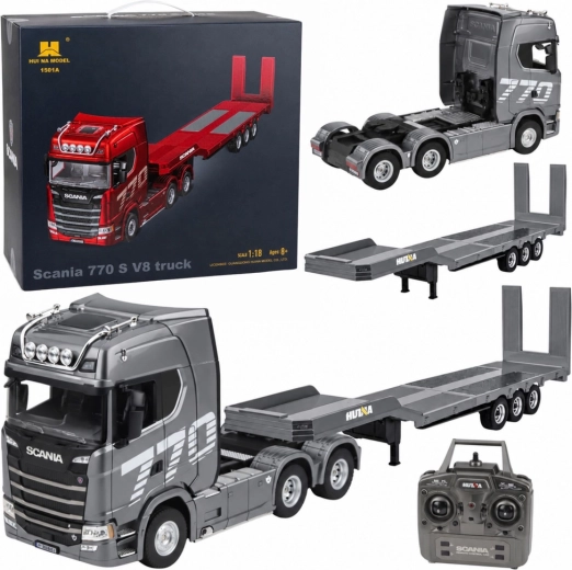 Fjernstyret Scania 770S-lastbil med Huina-trailer i skala 1:18